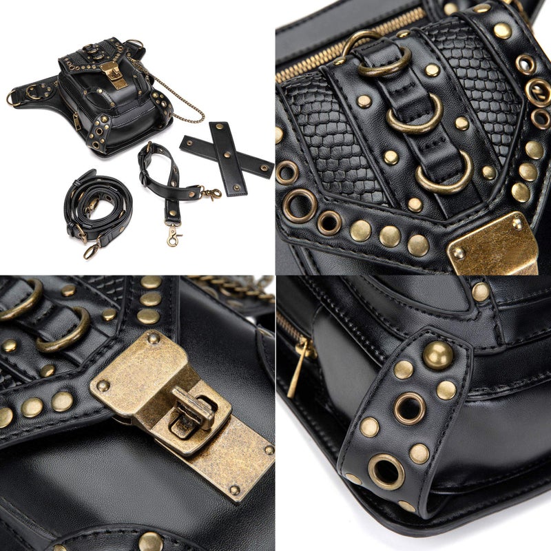 Valentoria Steampunk Waist Bag Fanny Pack Thigh Holster Purse Gothic Leather Shoulder Crossbody Hiking Chain Messenger Bag - Image 4